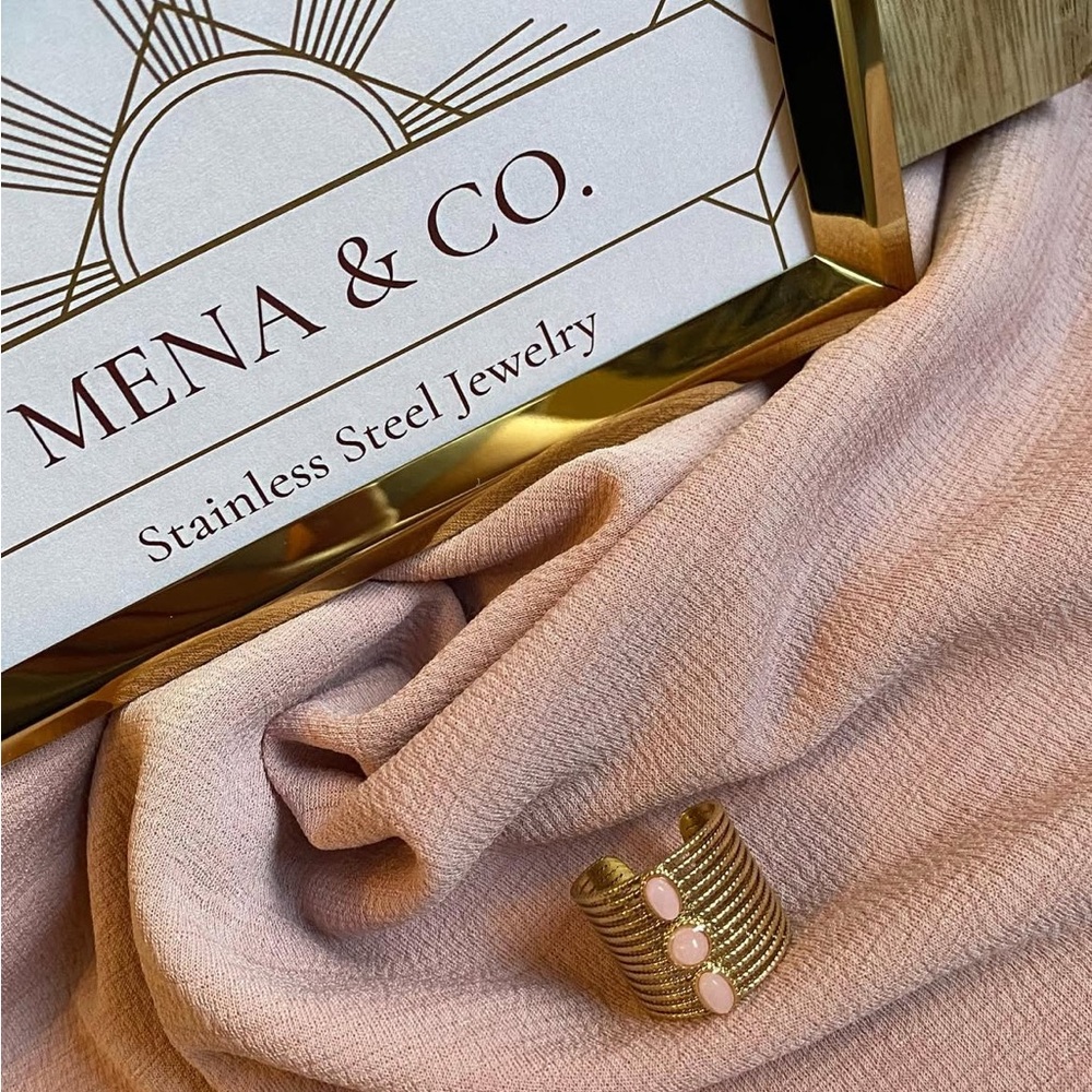 Gold Stainless Steel Cuff Ring with Pink Accents